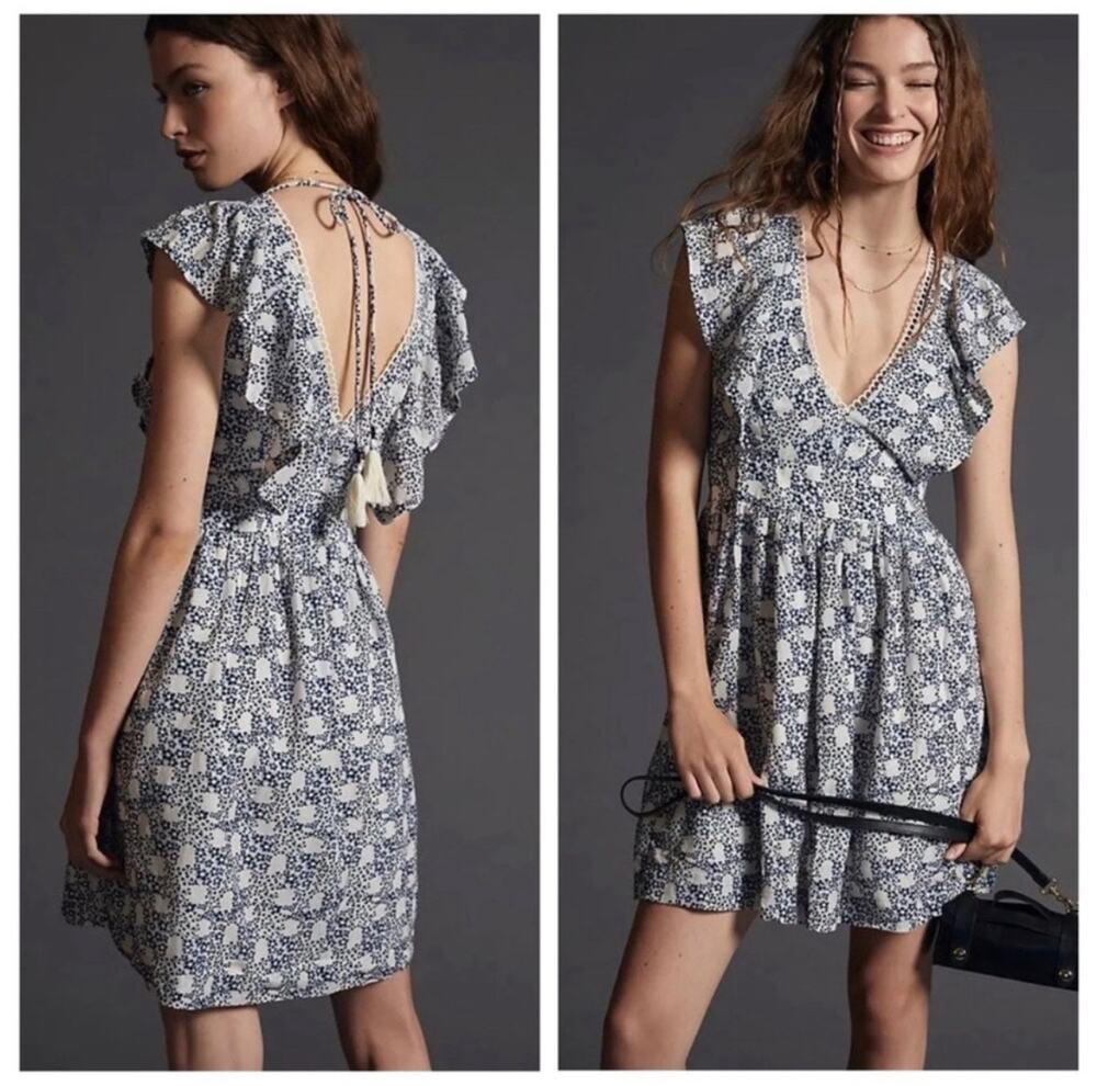 Anthropologie V-neck Plunge Tunic Mini Dress Women’s Small Floral Blue White
